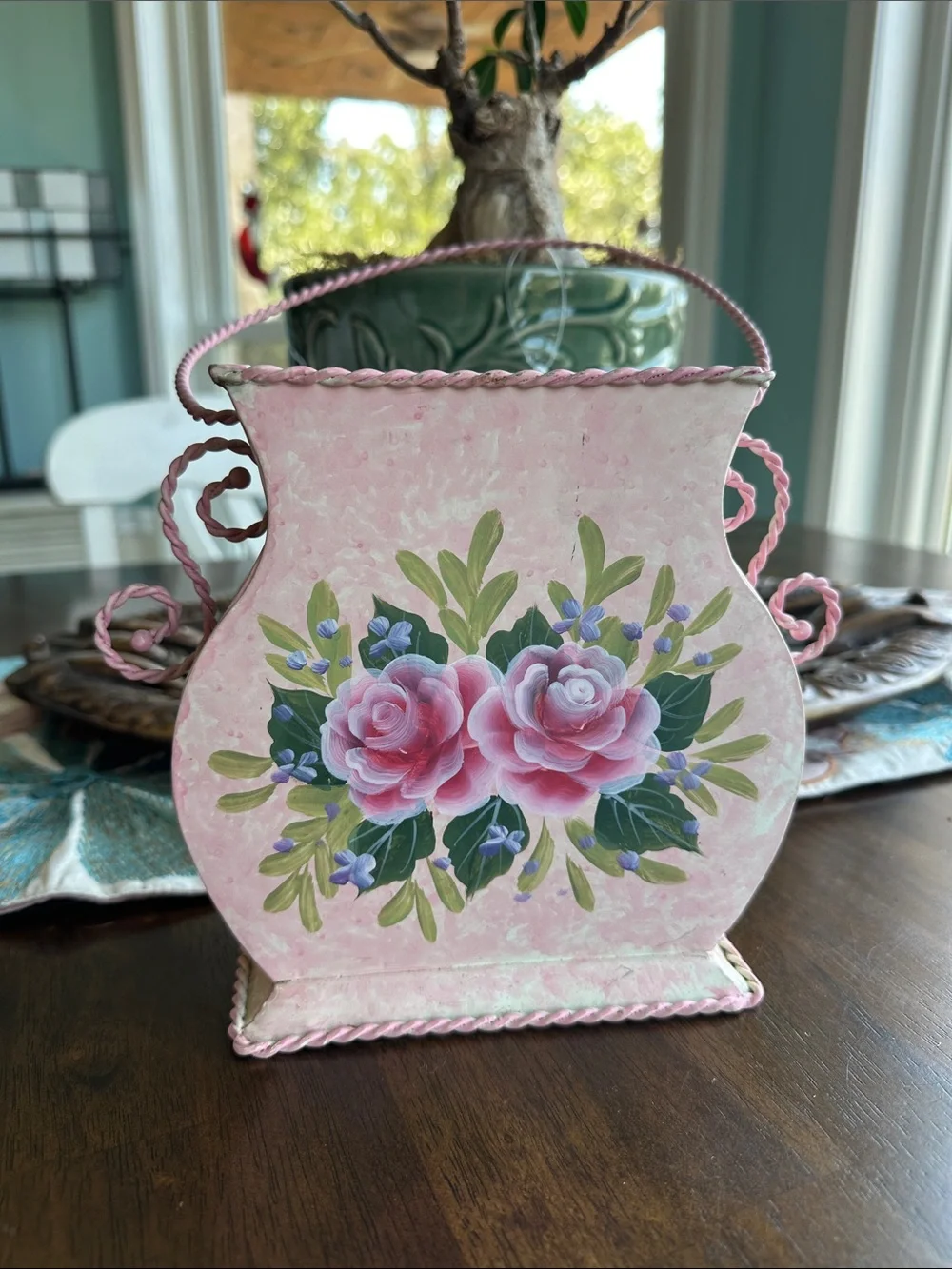 Pink Floral Hand-Painted Decorative Metal Vase Accent